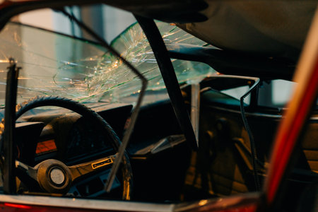 Car accident crash, Car accident protection, Claim collision, Auto emergency. Crashed car claim insurance. Warranty policy service. Serious problems. A red car with a damaged front end.の写真素材