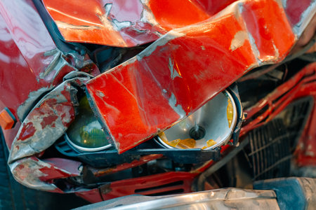 Car accident crash, Car accident protection, Claim collision, Auto emergency. Crashed car claim insurance. Warranty policy service. Serious problems. A red car with a damaged front end.の写真素材