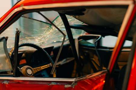 Car accident crash, Car accident protection, Claim collision, Auto emergency. Crashed car claim insurance. Warranty policy service. Serious problems. A red car with a damaged front end.の写真素材