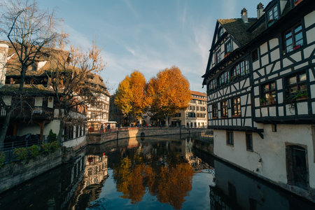Strasbourg, France - September 5, 2025 Old town water canal of Strasbourg, Alsace, France. Traditional half timbered houses of Petite France. High quality photoの写真素材