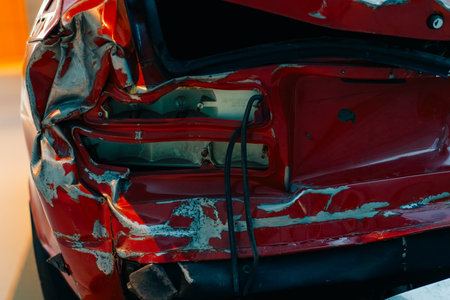Car accident crash, Car accident protection, Claim collision, Auto emergency. Crashed car claim insurance. Warranty policy service. Serious problems. A red car with a damaged front end.の写真素材