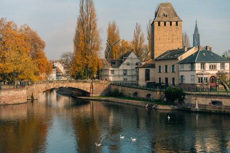 Panoramic view on The Ponts Couverts in Strasbourg with blue cloudy sky. France. . High quality photoの写真素材