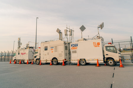 Osaka-Kansai, japan - may 2 2025 Mobile base station deployed by telecom carriers to improve connectivity issues. High quality photoのeditorial素材