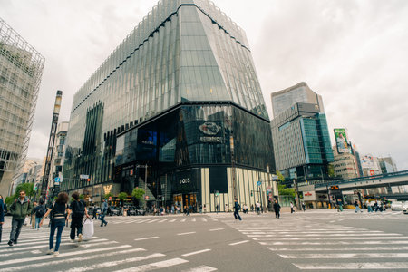Tokyo, Japan - May 3, 2025 Pedestrians at Ginza Sony Park square. High quality photoのeditorial素材