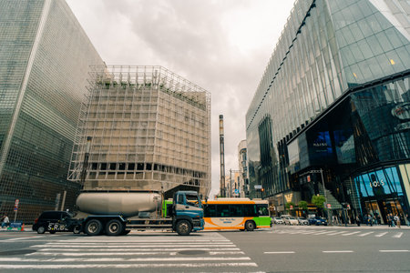 Tokyo, Japan - May 3, 2025 Pedestrians at Ginza Sony Park square. High quality photoのeditorial素材