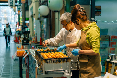 Osaka Japan - may 2 2025 Process to Cooking Takoyaki on hot pan Famous food, street food. High quality photoのeditorial素材