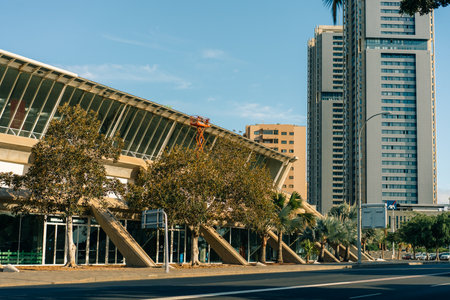 Santa Cruz de Tenerife, Recinto Ferial and the city view, Tenerife, Spain - 2 Dec 2025. High quality photoのeditorial素材