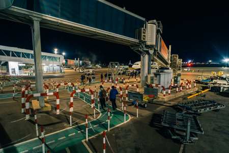 Airport terminal. Airport jet bridge. Airport jetway, aerobridge, skybridge. tenerife, spain - 2 dec 2025. High quality photoのeditorial素材