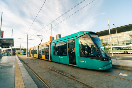 Tram circulating through the center of Santa Cruz de Tenerife city. Canary Islands. Spain - 2 Dec...