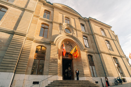 entrance to the palais de justice in the place du bourg de four geneva switzerland - 1 Oct 2025. High quality photoのeditorial素材