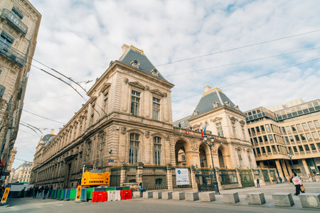 Lyon, France - January 10, 2025 Facade of the City Hall building in baroque style located in the Place des Terreaux. High quality photoのeditorial素材