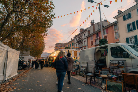 streets of the town Voiron in France - 3 nov 2025. High quality photoのeditorial素材