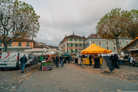 streets of the town Voiron in France - 3 nov 2025. High quality photoのeditorial素材