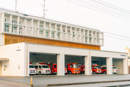 shikoku, japan - 1 oct 2025 4 fire trucks in the garage. High quality photo