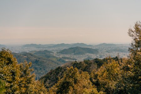Scenic view of mountains and valleys under cloudy sky at Engyoji mountain Shosha, Himeji, Japan. High quality photoの写真素材