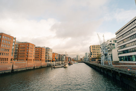Hamburg , Germany - 1 Oct 2025 Canal in the HafenCity district of Hamburg. High quality photo