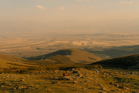 Suusamyr Valley at sunset in Kyrgyzstan. High quality photoの写真素材