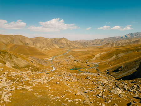 aerial View on Kol-suu lake in Naryn Region Kyrgyzstan. High quality photoの写真素材