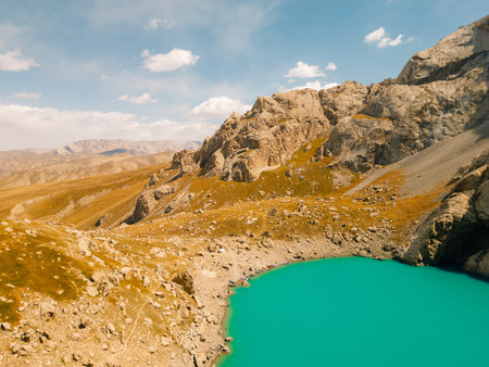 aerial View on Kol-suu lake in Naryn Region Kyrgzstan. High quality photoの写真素材