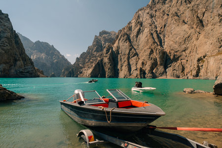 View on Kol-suu lake in Naryn Region Kyrgzstan. High quality photoの写真素材