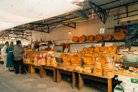 Bishkek, Kyrgyzstan October 15, 2024: lepeshka is on sale in Osh Bazaar. Osh Bazaar is one of the biggest bazaar in Kyrgyzstan. High quality photoの写真素材
