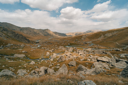 River coming from Kel-Suu mountain range, Kurumduk valley, Naryn province, Kyrgyzstan, Central Asia. High quality photoの写真素材