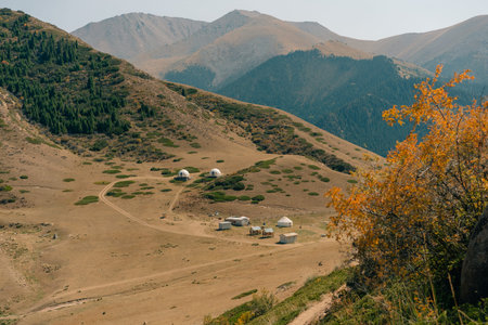 aerial view of Panorama Shatyly Issyk-Kul, Bokonbaevo. Kyrgyzstan. High quality 4k footageの写真素材