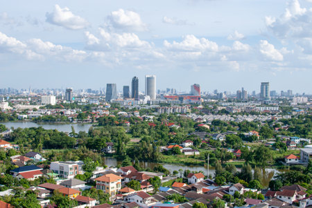 A bird's-eye view of a residential community outside the city of Bangkok.