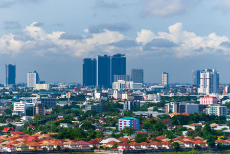 The sunset overlooks the shadows of the beautiful buildings in the city.の写真素材