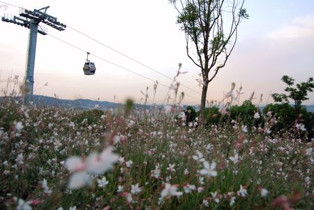 Cable car in Montjuic Barcelona during the sunset at the park の写真素材