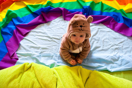 Baby bear and a rainbowの写真素材