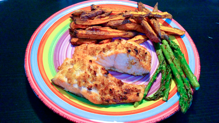 Delicious salmon with sweet potatoes and asparagusの写真素材