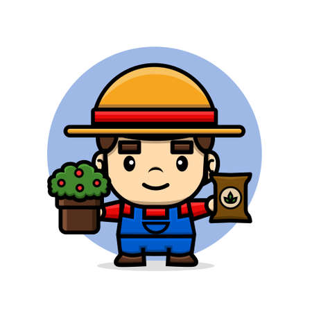 Cute characters farmer holding plant and fertilizerのイラスト素材