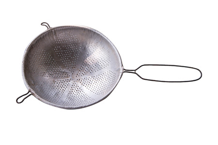 Steel colander with handle isolated on white backgrouの写真素材
