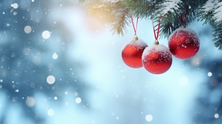 Experience snowy festivities with this holiday decor featuring balls on fir branches. The winter backdrop serves as the canvas for a festive design, making it perfect for banners and seasonal templates. Embrace the holiday atmosphere with this decorative and joyful winter composition.の素材