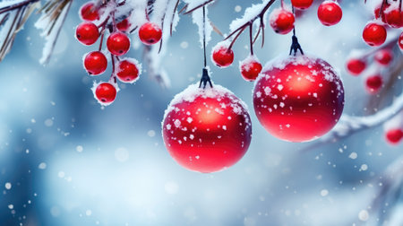 Experience snowy festivities with this holiday decor featuring balls on fir branches. The winter backdrop serves as the canvas for a festive design, making it perfect for banners and seasonal templates. Embrace the holiday atmosphere with this decorative and joyful winter composition.の素材