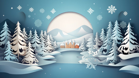 Discover the magic of the holiday season with this elegant paper cut artwork. A winter Christmas composition in red and green, perfect for festive banners. Crafted in 3D illustration, this creative design brings a modern twist to traditional holiday art.の素材