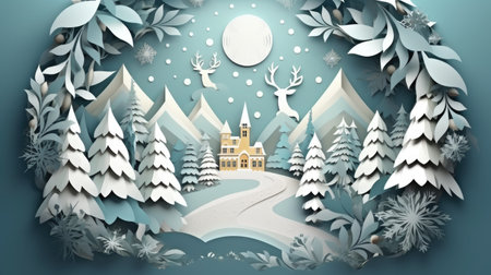 Discover the magic of the holiday season with this elegant paper cut artwork. A winter Christmas composition in red and green, perfect for festive banners. Crafted in 3D illustration, this creative design brings a modern twist to traditional holiday art.の素材