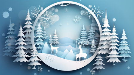 Discover the magic of the holiday season with this elegant paper cut artwork. A winter Christmas composition in red and green, perfect for festive banners. Crafted in 3D illustration, this creative design brings a modern twist to traditional holiday art.の素材
