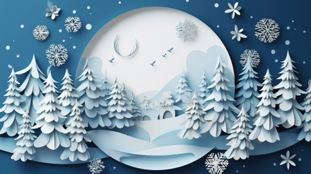 Discover the magic of the holiday season with this elegant paper cut artwork. A winter Christmas composition in red and green, perfect for festive banners. Crafted in 3D illustration, this creative design brings a modern twist to traditional holiday art.の素材