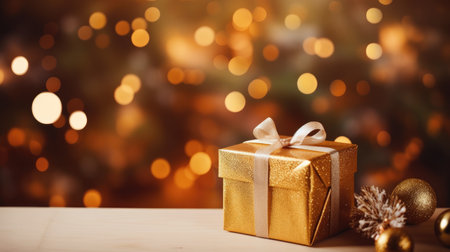 Experience the magic of the holiday season with this festive background. Gift boxes, pine cones, and branches set against bokeh garlands create a cozy and elegant winter celebration. Perfect for capturing the joy of Christmas and New Year in your creative designs.の素材