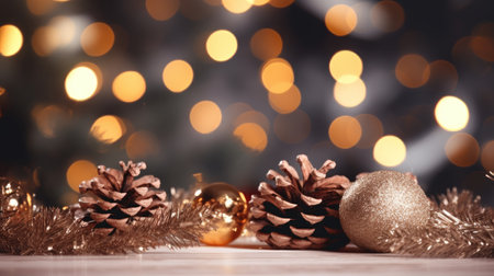 Experience the magic of the holiday season with this festive background. Gift boxes, pine cones, and branches set against bokeh garlands create a cozy and elegant winter celebration. Perfect for capturing the joy of Christmas and New Year in your creative designs.の素材