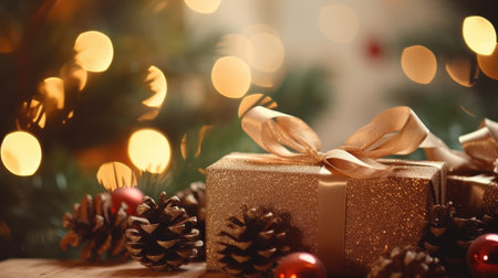 Experience the magic of the holiday season with this festive background. Gift boxes, pine cones, and branches set against bokeh garlands create a cozy and elegant winter celebration. Perfect for capturing the joy of Christmas and New Year in your creative designs.の素材