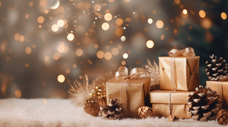 Experience the magic of the holiday season with this festive background. Gift boxes, pine cones, and branches set against bokeh garlands create a cozy and elegant winter celebration. Perfect for capturing the joy of Christmas and New Year in your creative designs.の素材