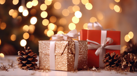 Experience the magic of the holiday season with this festive background. Gift boxes, pine cones, and branches set against bokeh garlands create a cozy and elegant winter celebration. Perfect for capturing the joy of Christmas and New Year in your creative designs.の素材