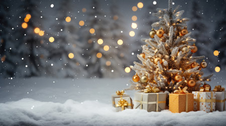 Experience seasonal delight with this golden Christmas tree and gifts on a wooden base. Set against a snowy landscape, this festive image captures the magic of winter celebrations. Perfect for conveying holiday joy and creating a festive atmosphere in your designs.の素材