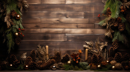 Experience natural festivity with this Christmas decoration. Holly, pine cones, and fronds in dark brown and dark bronze ornaments on a wooden background. Capture the rustic elegance of winter celebrations and bring a touch of the outdoors to your holiday designs.の素材