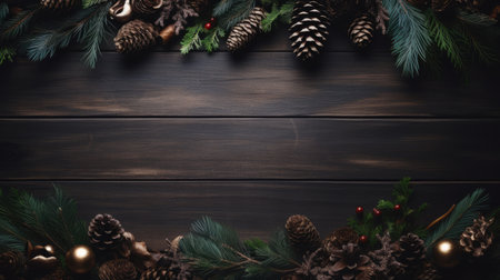 Experience natural festivity with this Christmas decoration. Holly, pine cones, and fronds in dark brown and dark bronze ornaments on a wooden background. Capture the rustic elegance of winter celebrations and bring a touch of the outdoors to your holiday designs.の素材