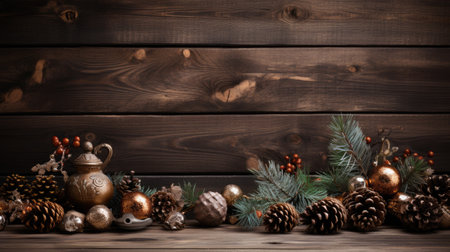 Experience natural festivity with this Christmas decoration. Holly, pine cones, and fronds in dark brown and dark bronze ornaments on a wooden background. Capture the rustic elegance of winter celebrations and bring a touch of the outdoors to your holiday designs.の素材