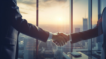 Experience dynamic partnership with a shark-hand business image. By a large glass window, partners overlook the city skyline, embodying vision, determination, and ambition. This photo captures the essence of teamwork and individual success in the corporate world.の素材